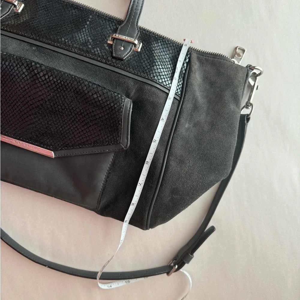 Coach Mixed‑Material Tote — Suede & Embossed Leather — Black/Grey